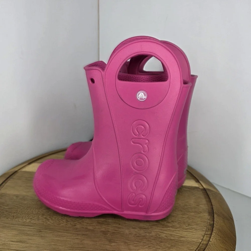Crocs Kids Handle It Rain Boots Pink Crush J3 Easy On Off Large Handles